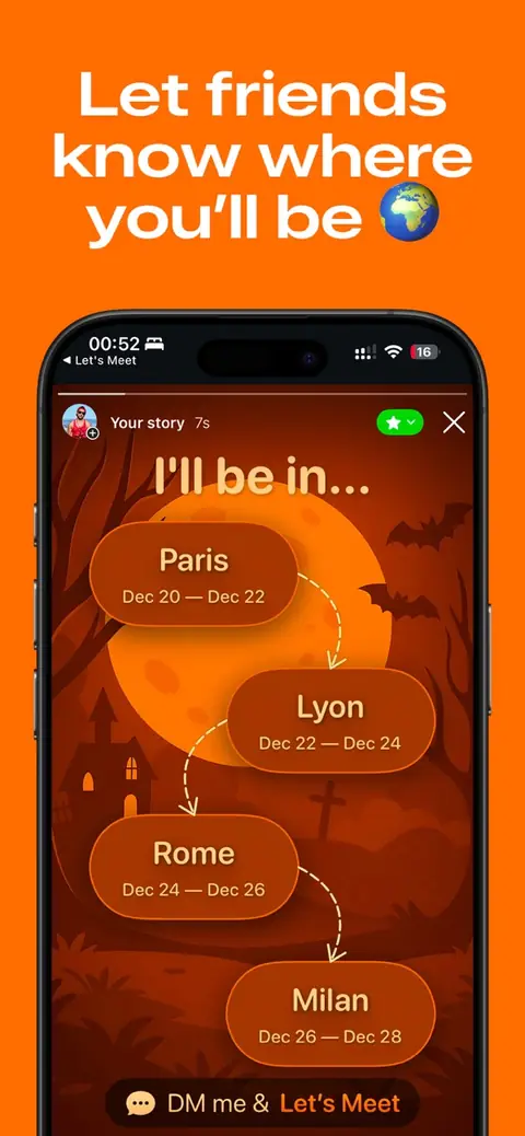 A story card listing Paris, Lyon, Rome and Milan with dates