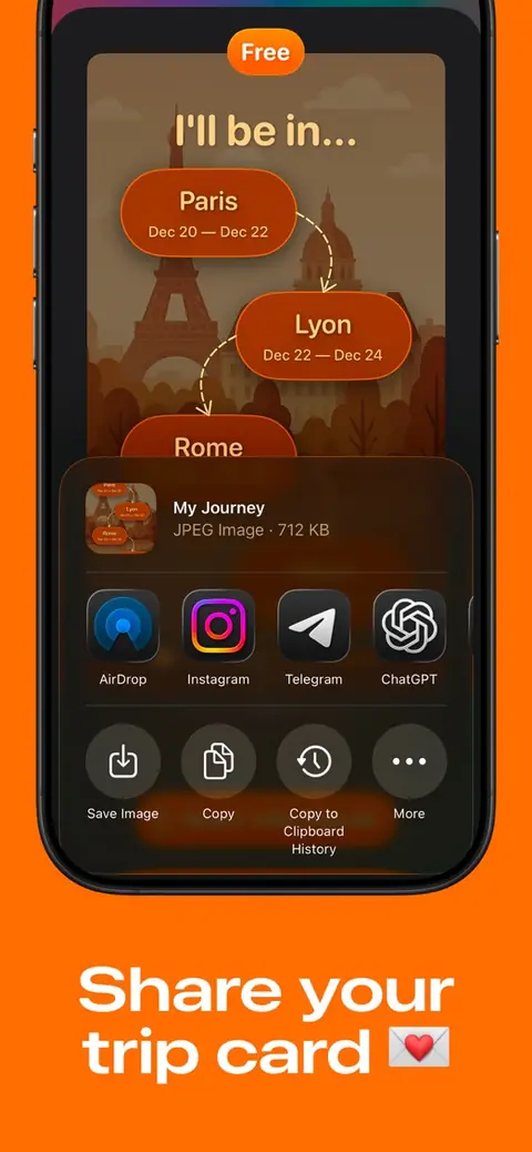 Sharing the trip card to Instagram, Telegram or AirDrop